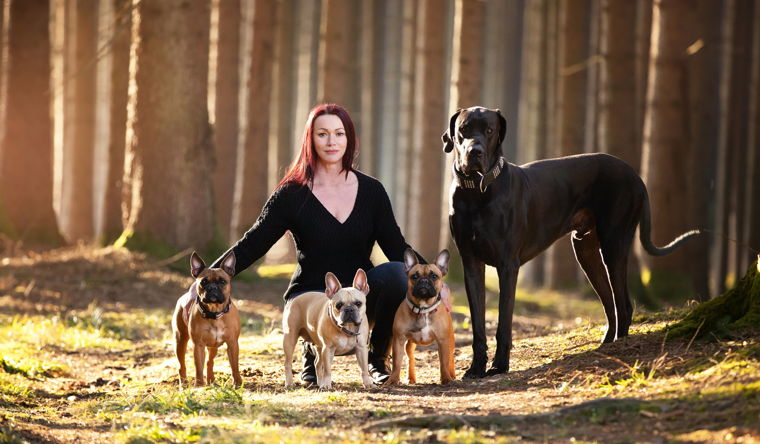 Barbara Elmer mit ihrer Dogge und ihren drei französischen Bulldoggen im Wald, Barbara sitzt in der Hocke, die Hunde stehen unangeleint neben ihr und schauen in die Kamera.